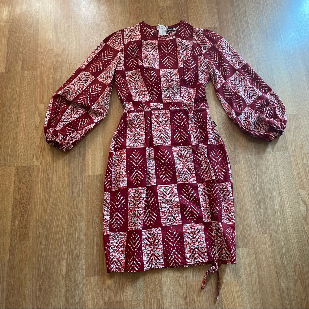 Chic African Burgundy Patterned Long Sleeve Sheath Dress Size 10